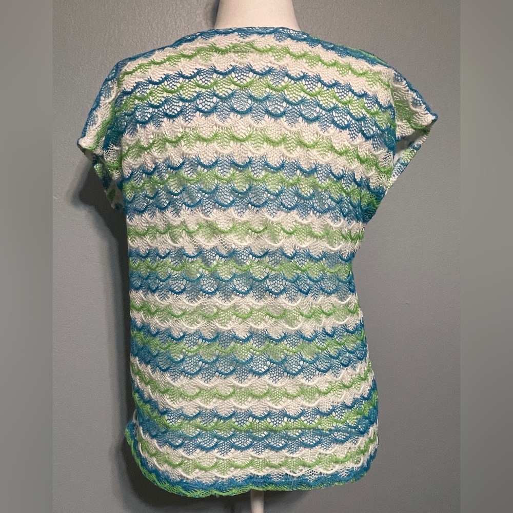 Alfred Dunner Open Knit Crochet Top Blue Green Stripe Coastal Grandma Large - Picture 2 of 6